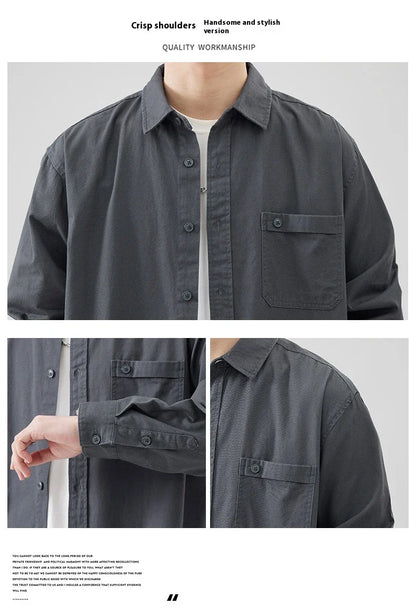 LKTM men's long-sleeved shirt in black, white, and grey colours, featuring a classic American-inspired design and premium cotton construction