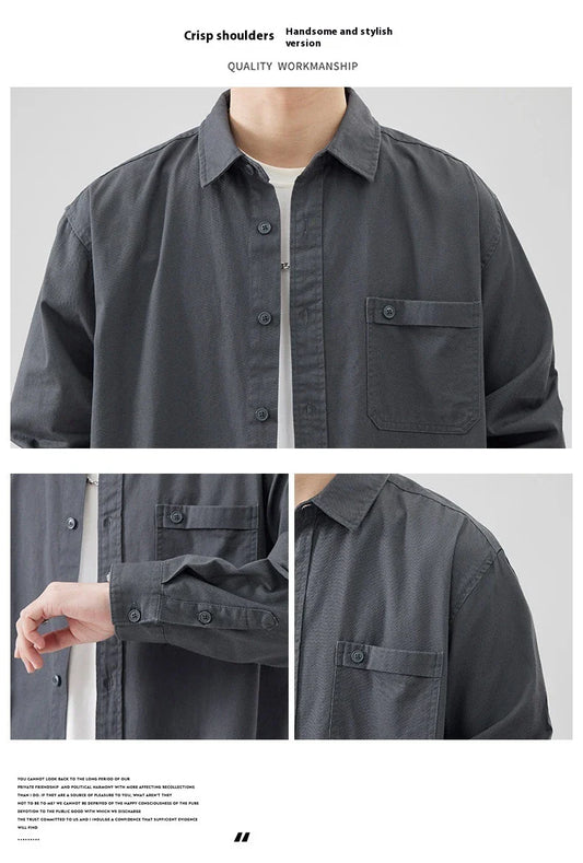LKTM men's long-sleeved shirt in black, white, and grey colours, featuring a classic American-inspired design and premium cotton construction