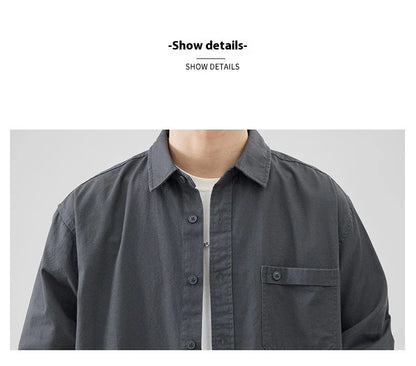 LKTM men's long-sleeved shirt in black, white, and grey colours, featuring a classic American-inspired design and premium cotton construction