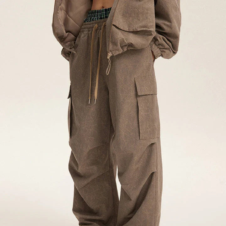 Retro baggy straight trousers in khaki colour, featuring a relaxed, straight-leg silhouette and premium polyester fabric for comfortable, everyday wear.