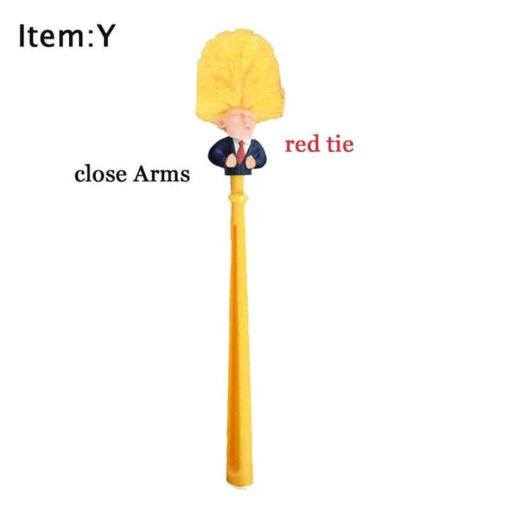 Funny Donald Trump-themed toilet brush with a sturdy handle and hanging slot for easy storage and use