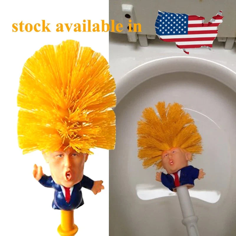 Funny Donald Trump-themed toilet brush with a sturdy handle and hanging slot for easy storage and use