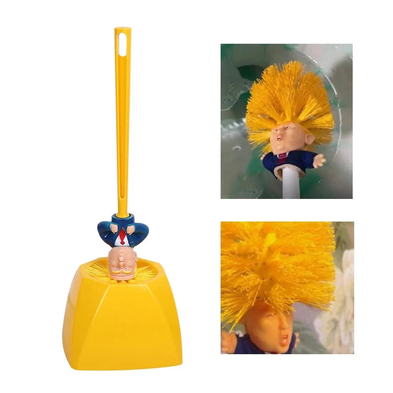 Funny Donald Trump-themed toilet brush with a sturdy handle and hanging slot for easy storage and use