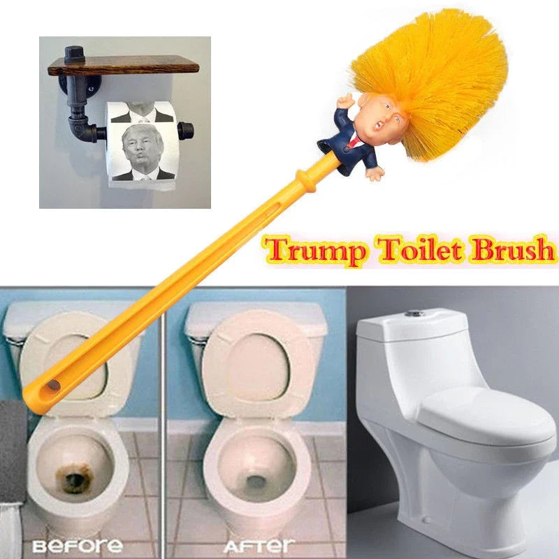 Funny Donald Trump-themed toilet brush with a sturdy handle and hanging slot for easy storage and use