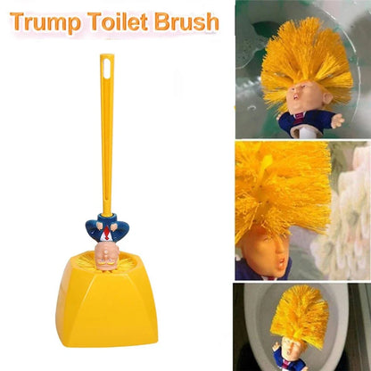 Funny Donald Trump-themed toilet brush with a sturdy handle and hanging slot for easy storage and use