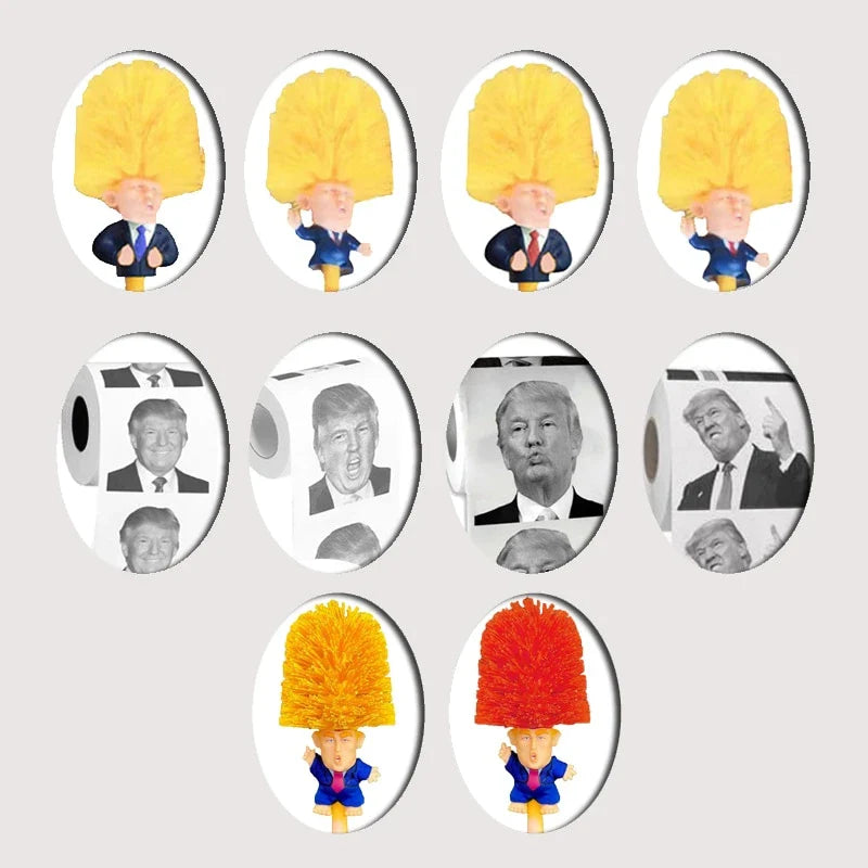 Funny Donald Trump-themed toilet brush with a sturdy handle and hanging slot for easy storage and use