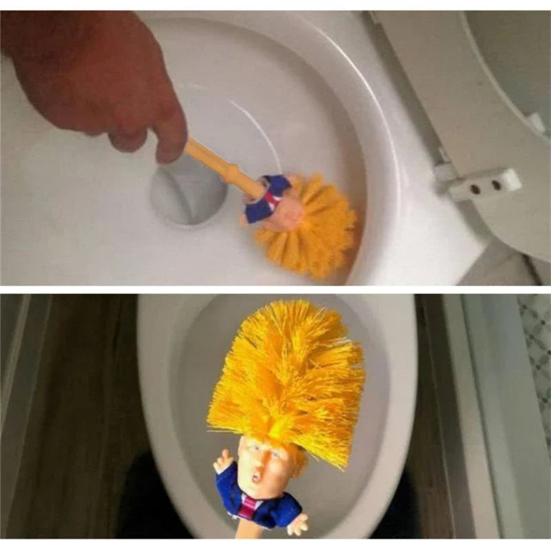 Funny Donald Trump-themed toilet brush with a sturdy handle and hanging slot for easy storage and use