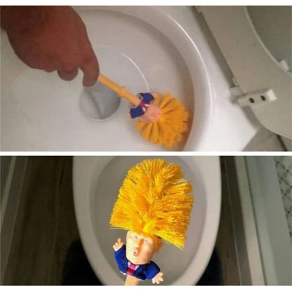 Funny Donald Trump-themed toilet brush with a sturdy handle and hanging slot for easy storage and use