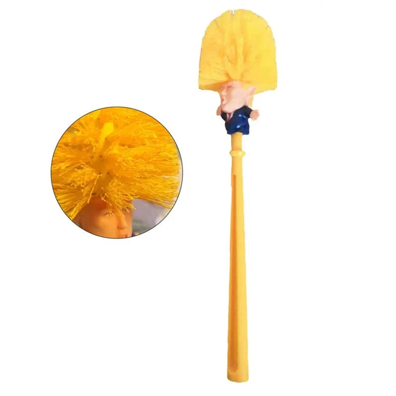Funny Donald Trump-themed toilet brush with a sturdy handle and hanging slot for easy storage and use