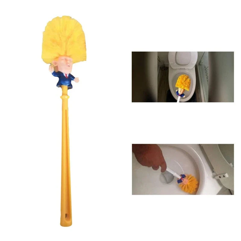 Funny Donald Trump-themed toilet brush with a sturdy handle and hanging slot for easy storage and use