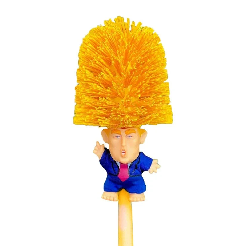 Funny Donald Trump-themed toilet brush with a sturdy handle and hanging slot for easy storage and use