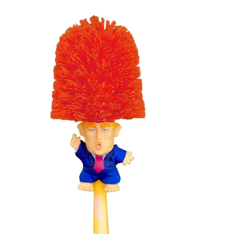 Funny Donald Trump-themed toilet brush with a sturdy handle and hanging slot for easy storage and use
