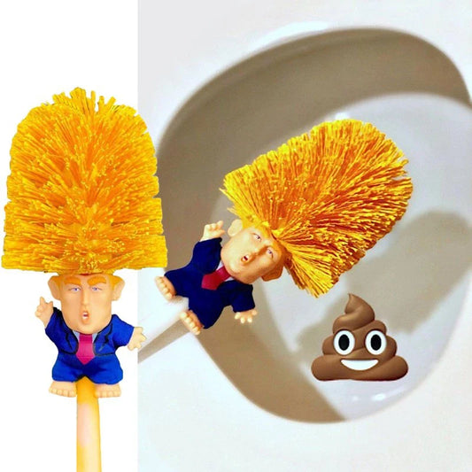 Funny Donald Trump-themed toilet brush with a sturdy handle and hanging slot for easy storage and use