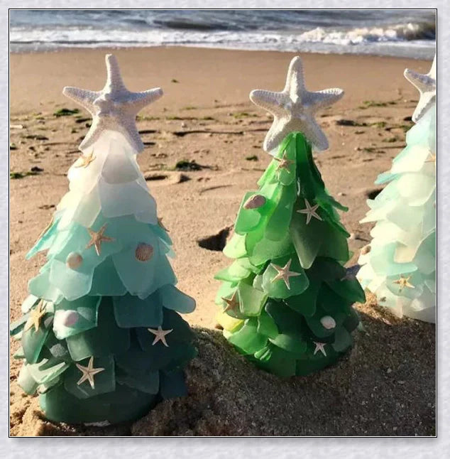 Handcrafted sea glass Christmas tree with blue, green, and turquoise sea glass, seashells, and starfish