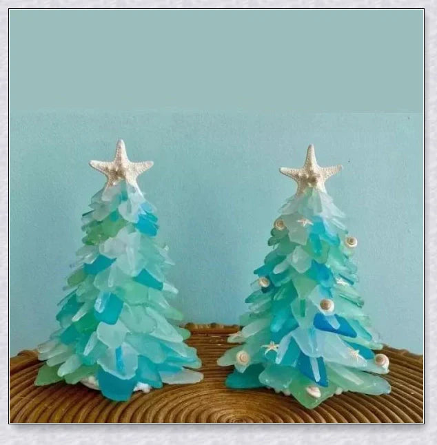 Handcrafted sea glass Christmas tree with blue, green, and turquoise sea glass, seashells, and starfish