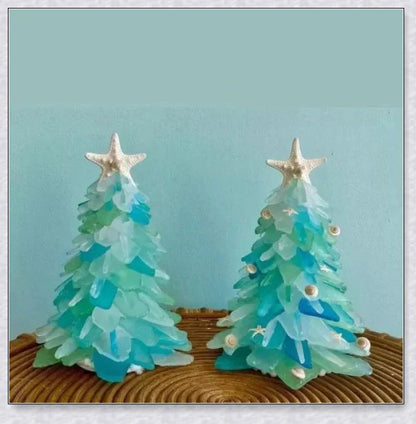Handcrafted sea glass Christmas tree with blue, green, and turquoise sea glass, seashells, and starfish