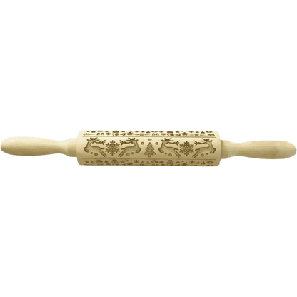 Embossed rolling pin made of natural wood with intricate designs for creating textured baked goods