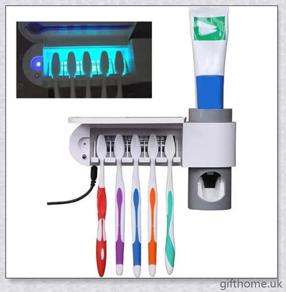 A sleek and modern 3-in-1 toothbrush holder with a toothpaste dispenser, UV sterilizer, and wall-mounted design for bathroom organisation.