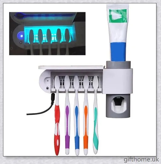 A sleek and modern 3-in-1 toothbrush holder with a toothpaste dispenser, UV sterilizer, and wall-mounted design for bathroom organisation.