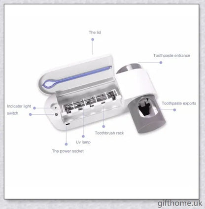 A sleek and modern 3-in-1 toothbrush holder with a toothpaste dispenser, UV sterilizer, and wall-mounted design for bathroom organisation.