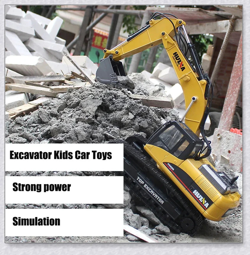 Remote-controlled excavator tractor with alloy construction, 11-channel controls, and realistic design