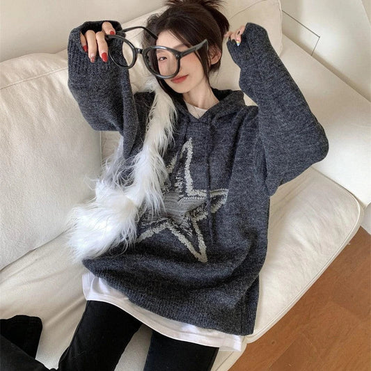 Autumn and winter American vintage five-pointed star design sweater in dark grey colour