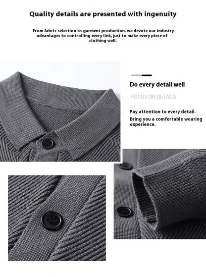 A stylish and cosy men's knitted cardigan with a fashionable lapel design, available in a range of classic neutral tones.