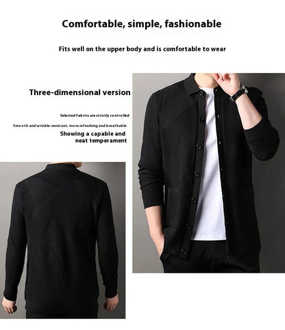 A stylish and cosy men's knitted cardigan with a fashionable lapel design, available in a range of classic neutral tones.