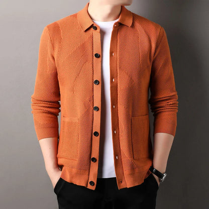 A stylish and cosy men's knitted cardigan with a fashionable lapel design, available in a range of classic neutral tones.