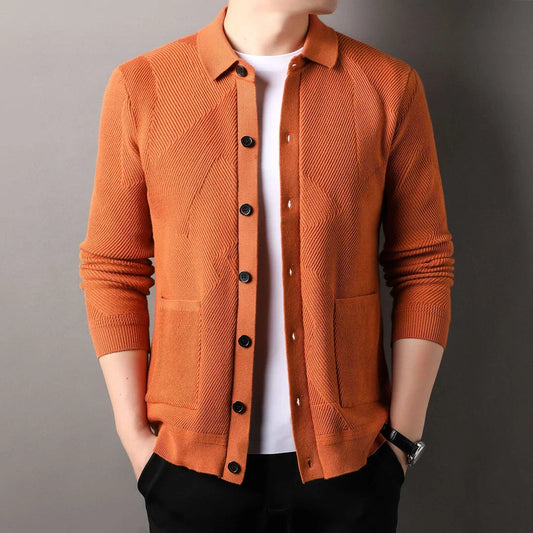 A stylish and cosy men's knitted cardigan with a fashionable lapel design, available in a range of classic neutral tones.