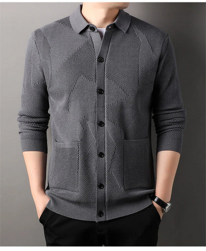 A stylish and cosy men's knitted cardigan with a fashionable lapel design, available in a range of classic neutral tones.