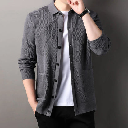 A stylish and cosy men's knitted cardigan with a fashionable lapel design, available in a range of classic neutral tones.