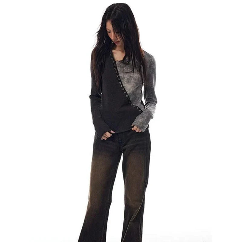 A cozy and stylish patchwork knitted pullover with an irregular V-neck design, perfect for autumn and winter wear.