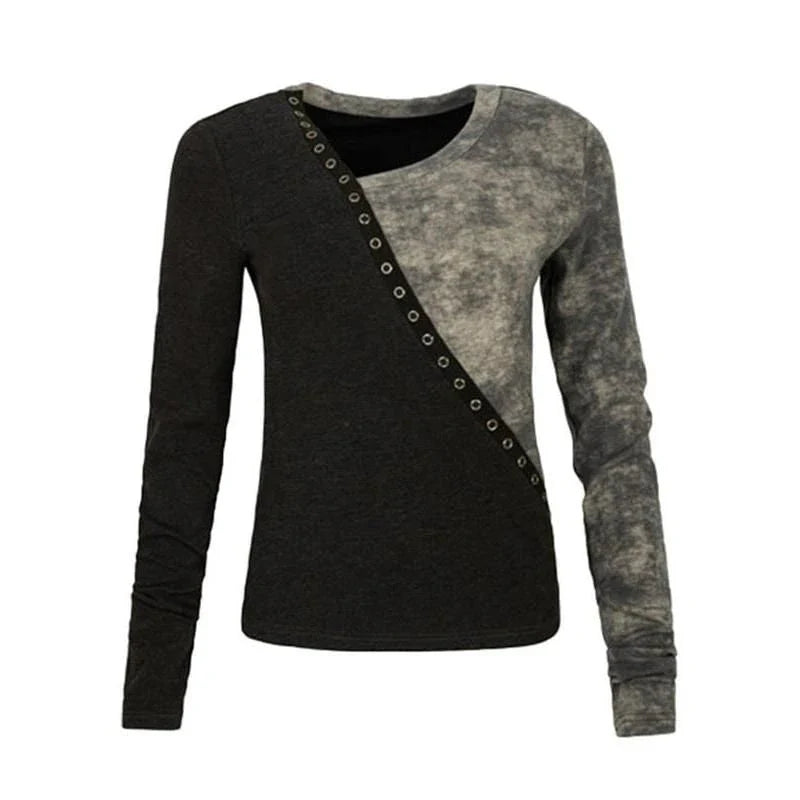 A cozy and stylish patchwork knitted pullover with an irregular V-neck design, perfect for autumn and winter wear.