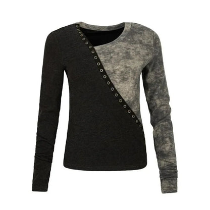 A cozy and stylish patchwork knitted pullover with an irregular V-neck design, perfect for autumn and winter wear.