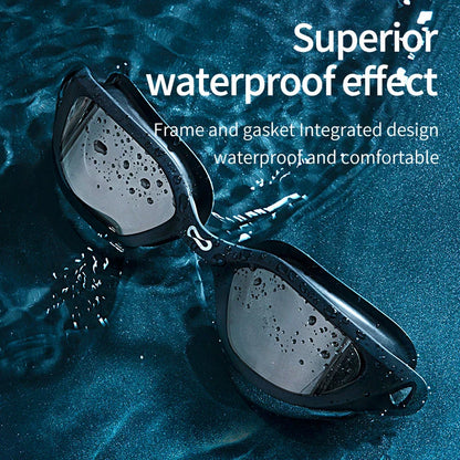A pair of professional anti-fog mirrored swimming goggles with adjustable silicone strap and UV protection