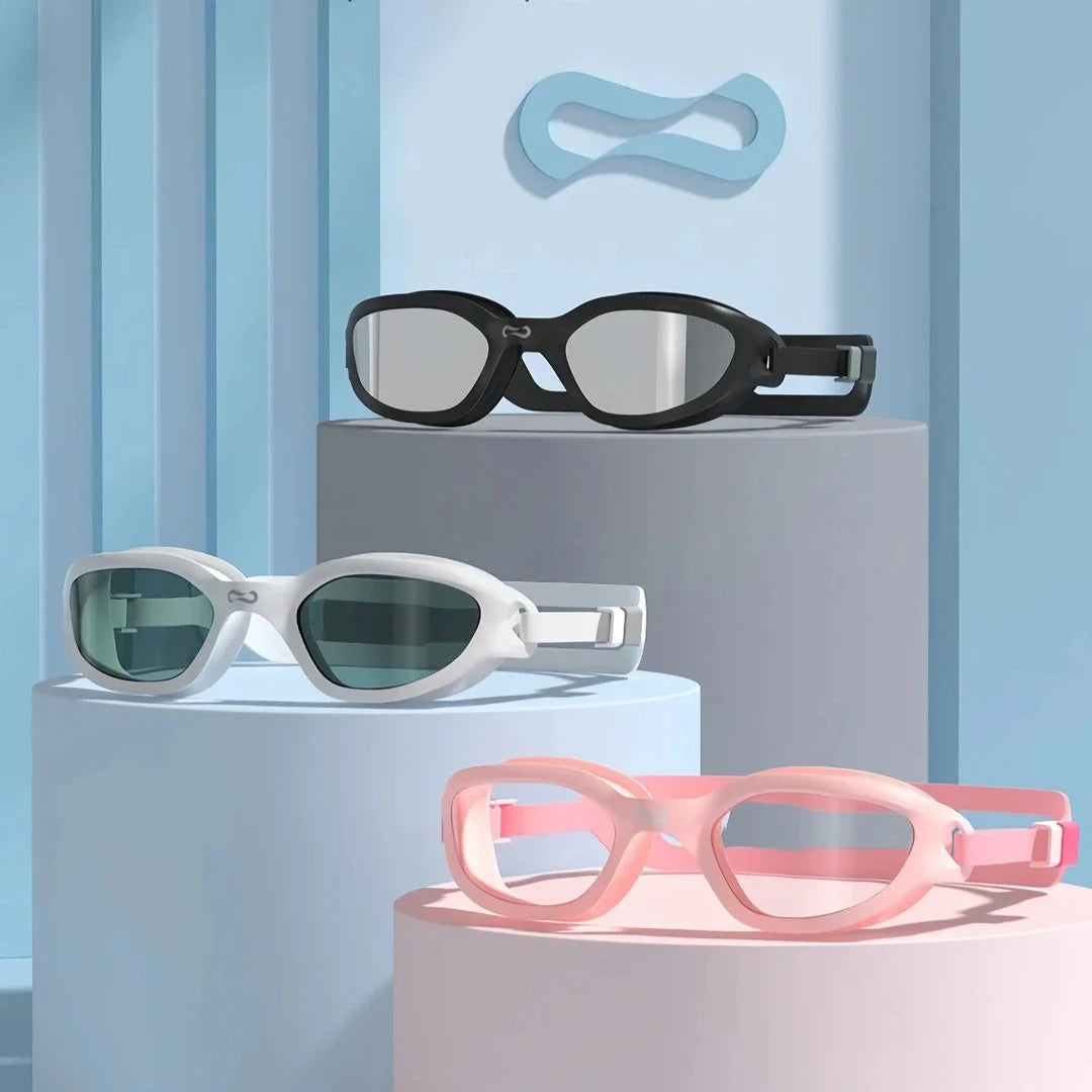 A pair of professional anti-fog mirrored swimming goggles with adjustable silicone strap and UV protection