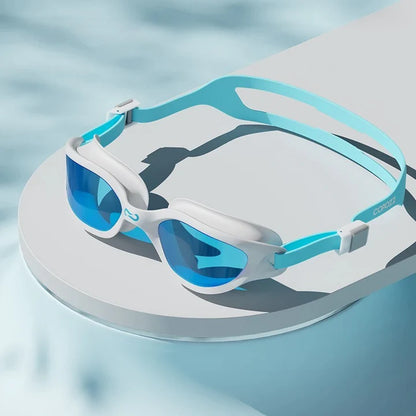 A pair of professional anti-fog mirrored swimming goggles with adjustable silicone strap and UV protection