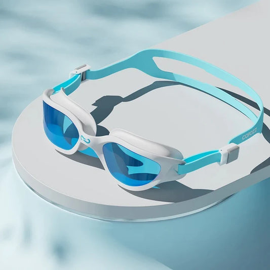A pair of professional anti-fog mirrored swimming goggles with adjustable silicone strap and UV protection