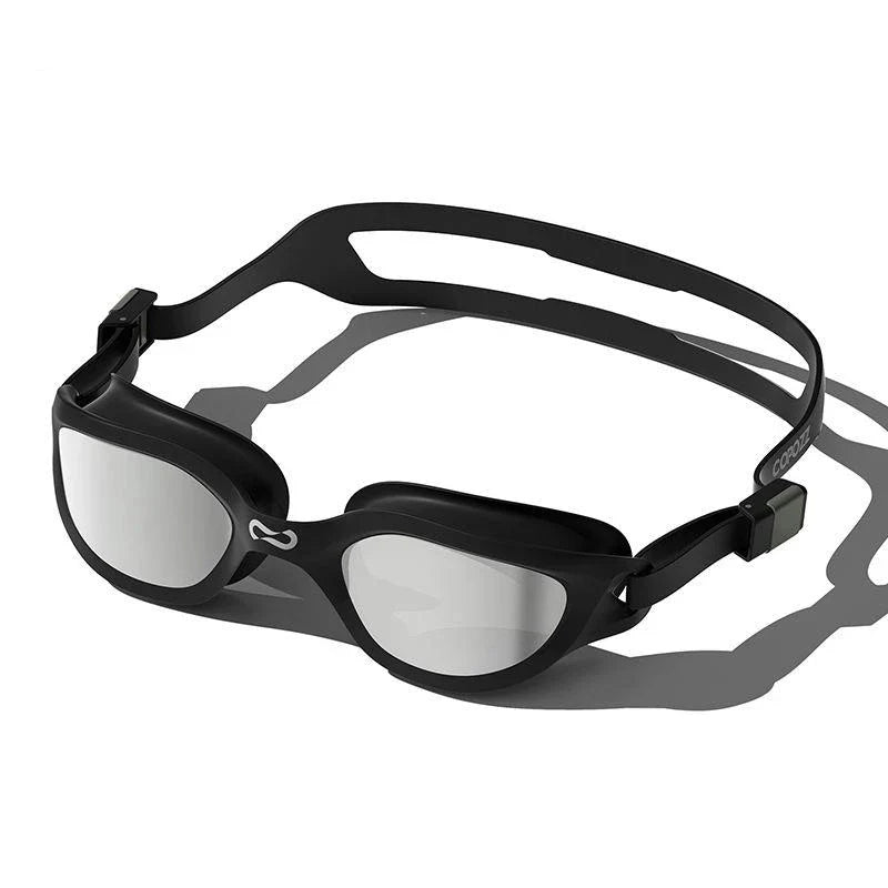 A pair of professional anti-fog mirrored swimming goggles with adjustable silicone strap and UV protection