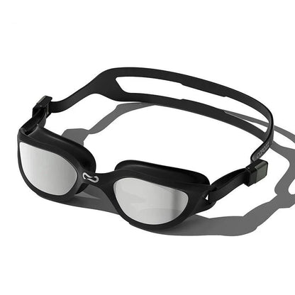 A pair of professional anti-fog mirrored swimming goggles with adjustable silicone strap and UV protection