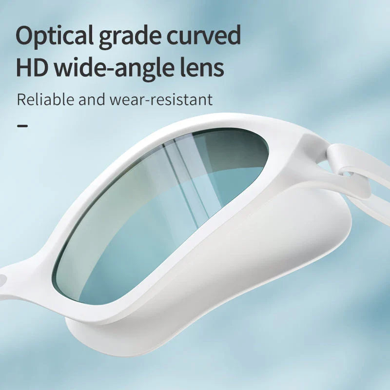 A pair of professional anti-fog mirrored swimming goggles with adjustable silicone strap and UV protection