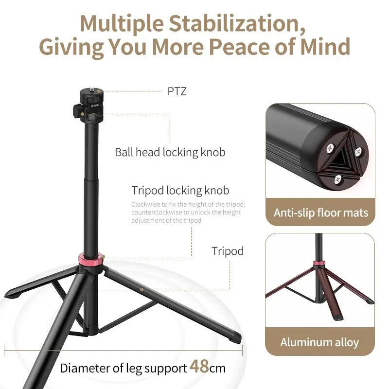 Professional Extendable Tripod for DSLR and Mirrorless Cameras with Adjustable Height and Universal 1/4'' Screw Mount