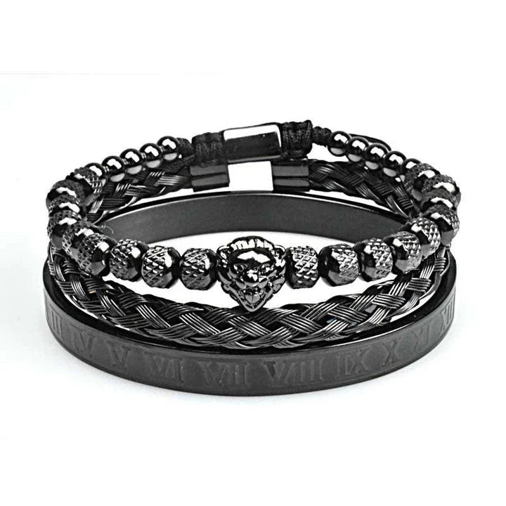 Pineapple beads mesh stainless steel lion's head braided bracelet in gold, platinum, and gun black finishes