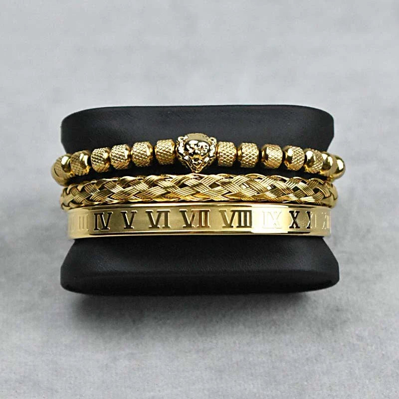 Pineapple beads mesh stainless steel lion's head braided bracelet in gold, platinum, and gun black finishes
