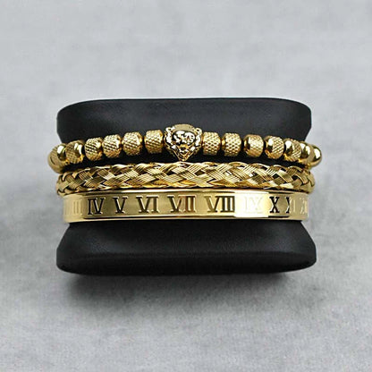 Pineapple beads mesh stainless steel lion's head braided bracelet in gold, platinum, and gun black finishes