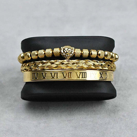Pineapple beads mesh stainless steel lion's head braided bracelet in gold, platinum, and gun black finishes