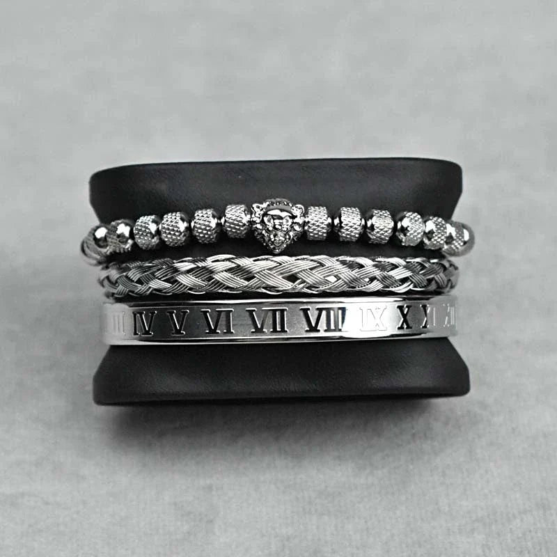 Pineapple beads mesh stainless steel lion's head braided bracelet in gold, platinum, and gun black finishes
