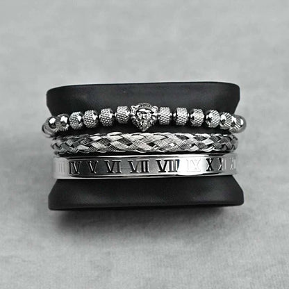 Pineapple beads mesh stainless steel lion's head braided bracelet in gold, platinum, and gun black finishes