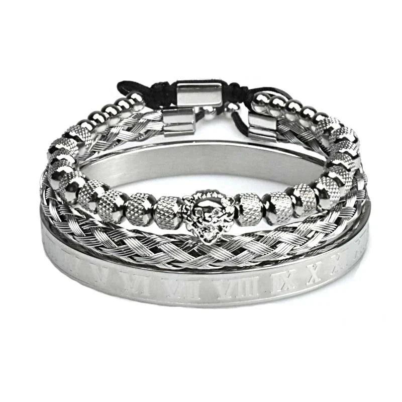 Pineapple beads mesh stainless steel lion's head braided bracelet in gold, platinum, and gun black finishes